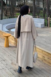 Lamelif Etekli Tesettür Takım Bej