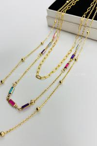 Lamelif Gold 3lü Kombin Renkli Kristal Taşlı Zincir Kolye