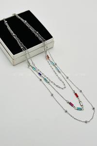 Lamelif Gümüş 3lü Kombin Renkli Kristal Taşlı Zincir Kolye