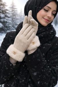 Lamelif Kadın Bileği Kürklü Dokunmatik Özellikli Eldiven Taş 