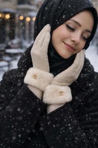 Lamelif Kadın Bileği Kürklü Dokunmatik Özellikli Eldiven Taş 
