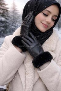 Lamelif Kadın Deri Zarif Dikişli Kürklü Eldiven Siyah