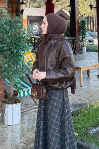 Bitter Brown Shirt Collar Long Arm Skin Jacket