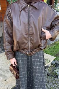 Bitter Brown Shirt Collar Long Arm Skin Jacket