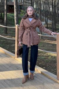 Lamelif Kürk Yaka Bağlama Detaylı Mont Kahve