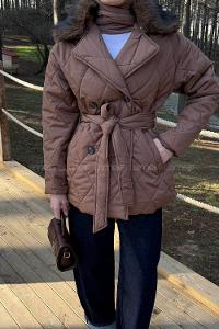 Lamelif Kürk Yaka Bağlama Detaylı Mont Kahve