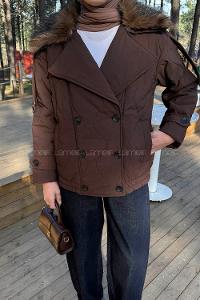 Lamelif Kürk Yaka Düğmeli Mont Kahve