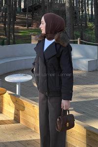 Lamelif Kürk Yaka Düğmeli Mont Siyah