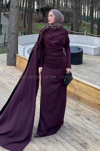 Lamelif Pelerin Detaylı Taşlı Elbise Mürdüm