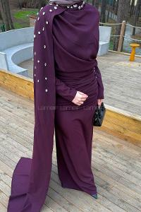 Lamelif Pelerin Detaylı Taşlı Elbise Mürdüm