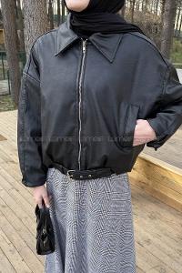 Lamelif Kemerli Deri Ceket Siyah