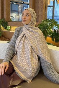 Lamelif Dior Desen Kaşmir Çift Taraflı Şal Gri Camel