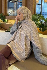 Lamelif Dior Desen Kaşmir Çift Taraflı Şal Gri Camel