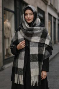 Lamelif Ekose Desenli Şal Atkı - Siyah Beyaz
