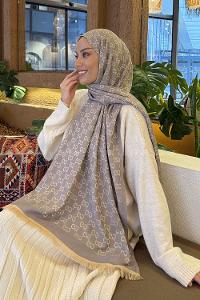 Lamelif G Desen Kaşmir Çift Taraflı Şal Bej Gri