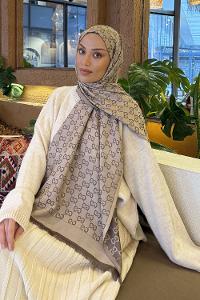 Lamelif G Desen Kaşmir Çift Taraflı Şal Kahverengi Vizon