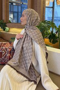 Lamelif G Desen Kaşmir Çift Taraflı Şal Kahverengi Vizon