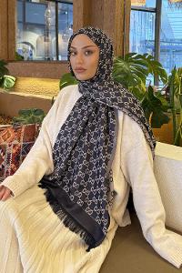 Lamelif G Desen Kaşmir Çift Taraflı Şal Lacivert Vizon