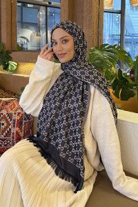 Lamelif G Desen Kaşmir Çift Taraflı Şal Lacivert Vizon