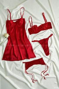 Lamelif Rhera Dantelli Saten Gecelikli Jartiyer Takım