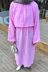 Lamelif Balon Kol Bağlamalı Tesettür Elbise Pembe