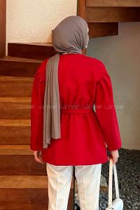 Lamelif Bel Lastikli Bağlama Detaylı Ceket Nar Çiçeği