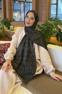 Lamelif Dior Desen Kaşmir Çift Taraflı Şal Haki