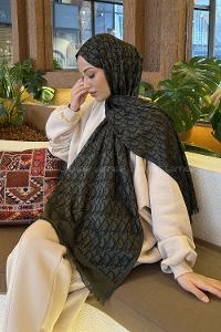 Lamelif Dior Desen Kaşmir Çift Taraflı Şal Haki