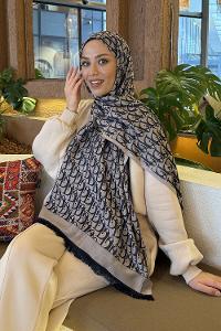 Lamelif Dior Desen Kaşmir Çift Taraflı Şal Lacivert Vizon