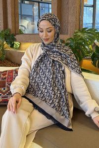 Lamelif Dior Desen Kaşmir Çift Taraflı Şal Lacivert Vizon