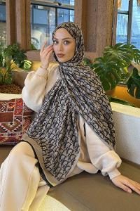 Lamelif Dior Desen Kaşmir Çift Taraflı Şal Siyah Vizon