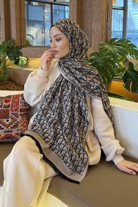 Lamelif Dior Desen Kaşmir Çift Taraflı Şal Siyah Vizon