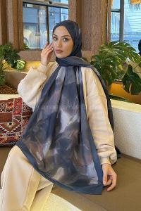 Lamelif Elegant Desen Müslin Şal İndigo