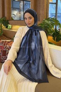 Lamelif Elegant Desen Müslin Şal Lacivert