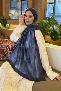 Lamelif Elegant Desen Müslin Şal Lacivert