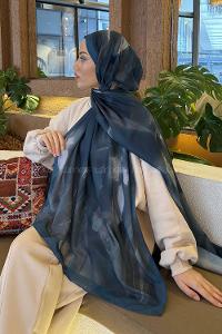 Lamelif Elegant Desen Müslin Şal Petrol Mavisi