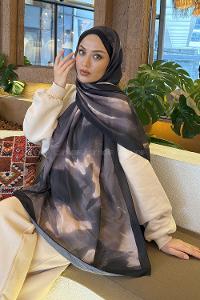 Lamelif Elegant Desen Müslin Şal Siyah Toprak