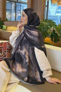 Lamelif Elegant Desen Müslin Şal Siyah Toprak