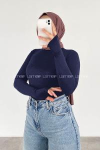 Navy Blue-3 Choker Neck Long Arm Viscose Fabric Body