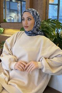 Anthracite Cotton Fabric Striped Flowering Straight Printed Scarf