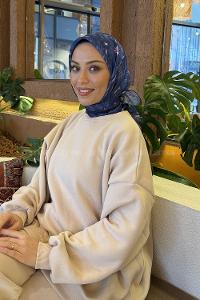 Midnight Blue Cotton Fabric Striped Flowering Straight Printed Scarf