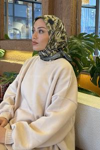 Lamelif Daisy Flowers Desen Soft Eşarp Haki