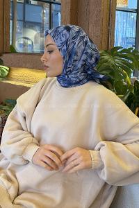 Navy Blue Cotton Fabric Striped Flowering Straight Printed Scarf