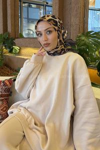 Lamelif Leopar Desen Soft Eşarp Antrasit Camel