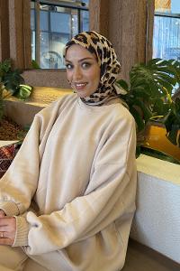 Beige Cotton Fabric Striped Flowering Straight Printed Scarf