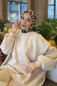 Khaki Cotton Fabric Striped Flowering Straight Printed Scarf