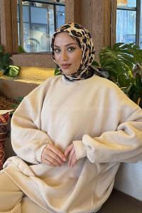 Lamelif Leopar Desen Soft Eşarp Siyah Camel