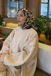 Lamelif Leopar Desen Soft Eşarp Siyah Camel