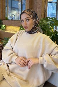 Lamelif Lotus Desen Soft Eşarp Kahverengi