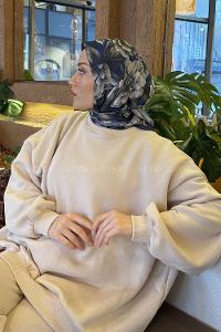 Navy Blue Cotton Fabric Striped Flowering Straight Printed Scarf